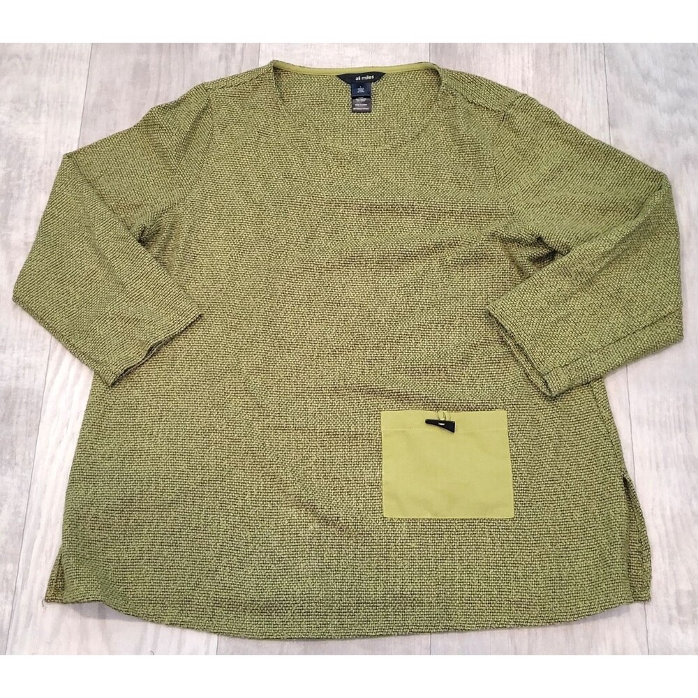 Ali Miles L Chartreuse Green Thick Knit Sweater Lagenlook Pocket Toggle Button